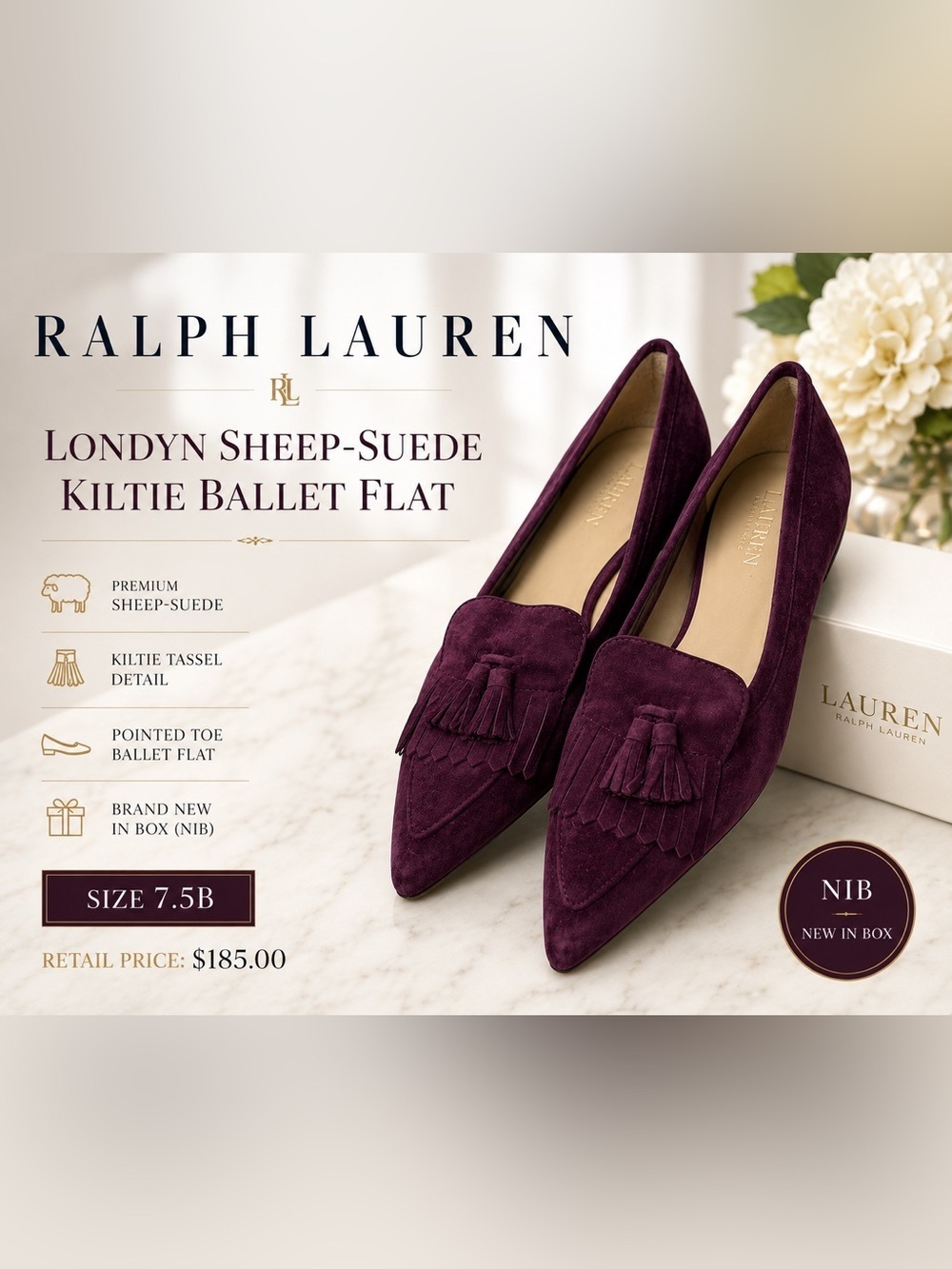 Ralph Lauren Women’s Londyn Sheep-Suede Kiltie Ballet Flat Garnet NIB Size 7.5B